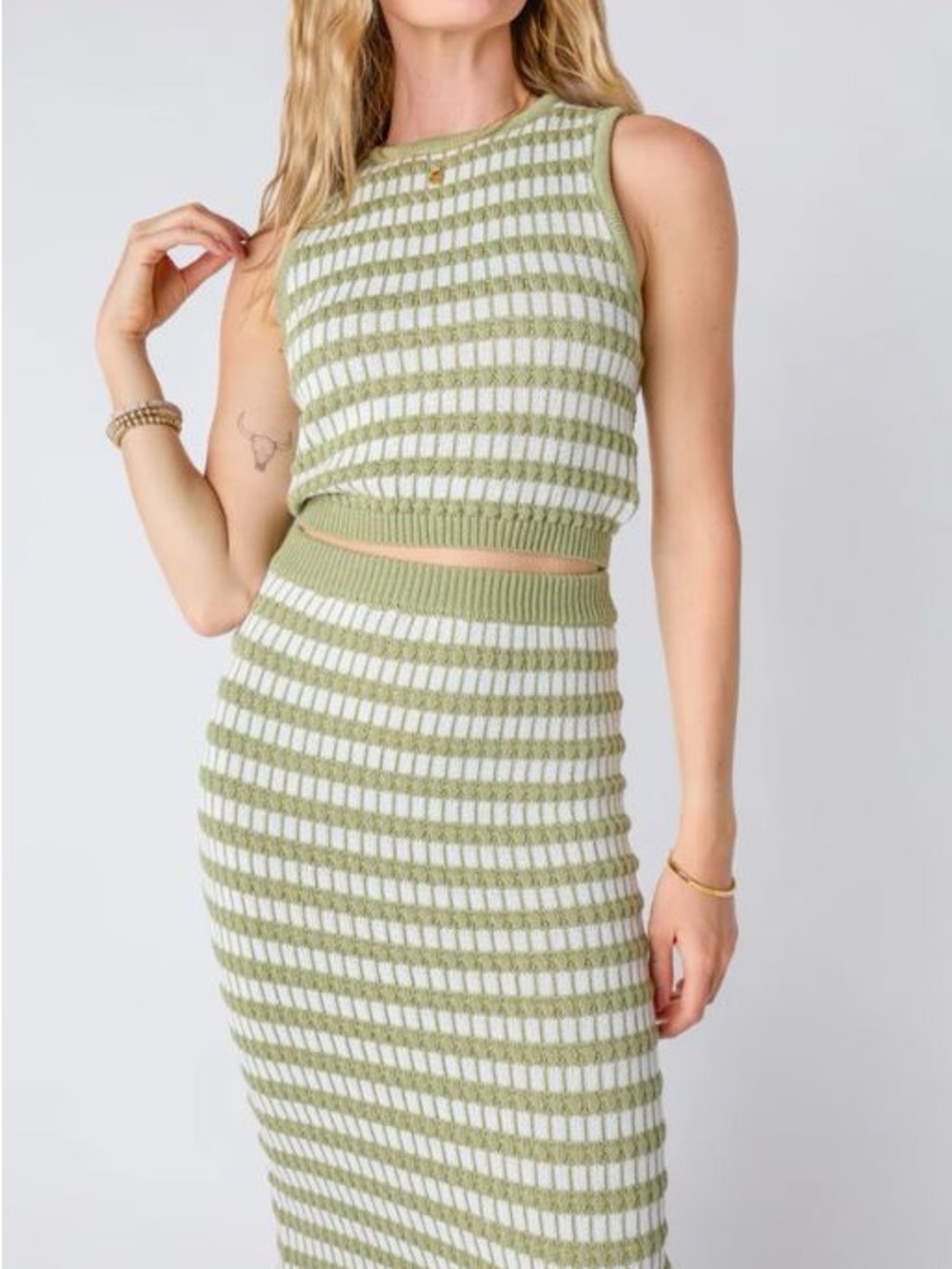 Miou Muse Striped Knit Top in Sage Green and White